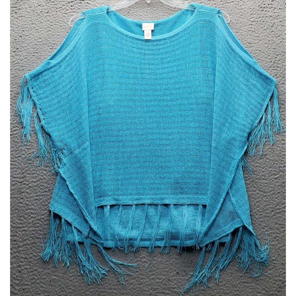 Chico's‎ Turquoise Poncho Fringe Sweater Womens Large Blue Cold Shoulder Sleeve
